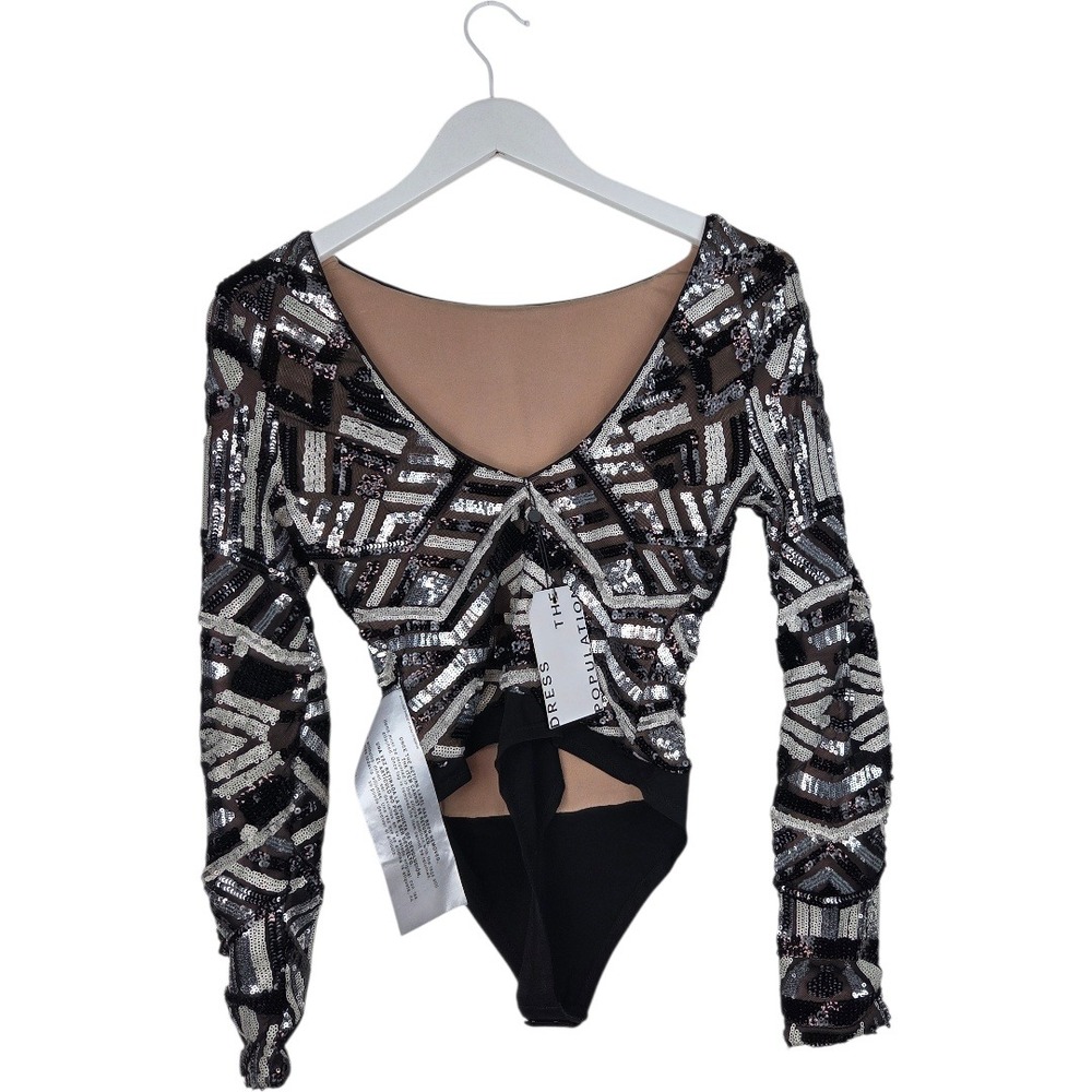 NWT‎ Dress The Population Leia Geometric Sequin Long Sleeve Bodysuit size XXS - Picture 5 of 9